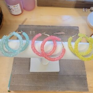 Crushed Resin Hoop Earrings • Colorful & Fun • Pierced • Clutchless Closure